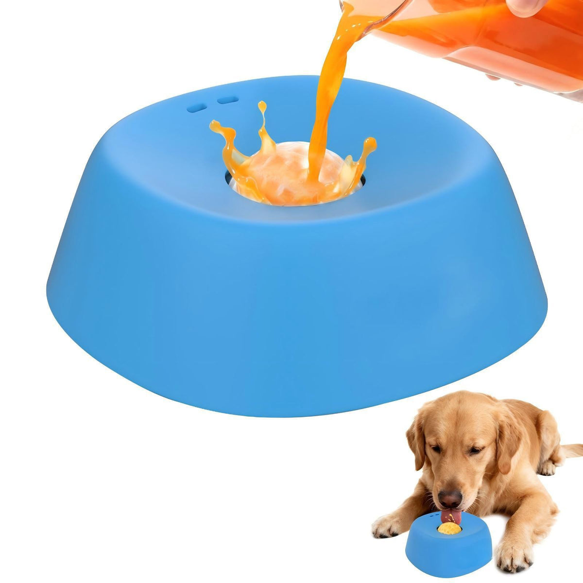 Liquid lick bowl being filled, with a dog licking